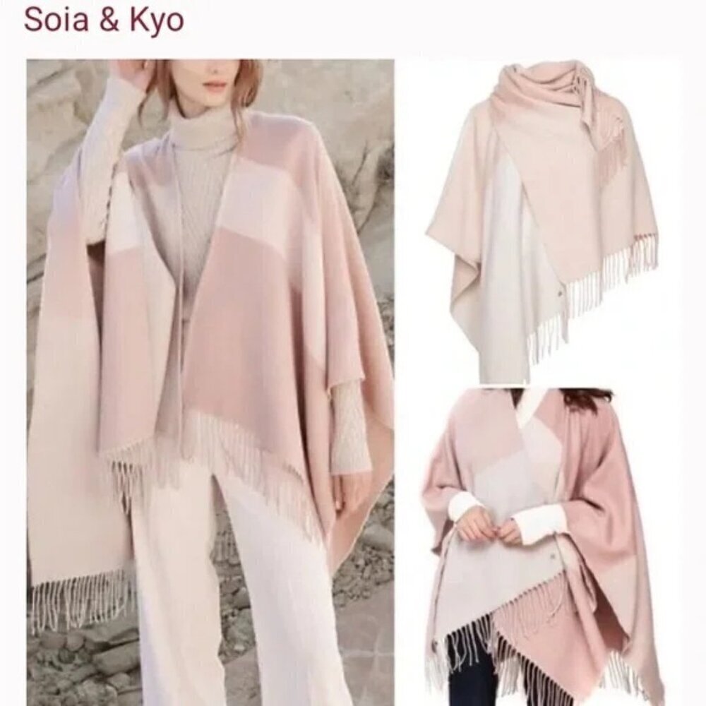 Soia & Kyo Colorblock Fringed Poncho Scarf Wrap NWT